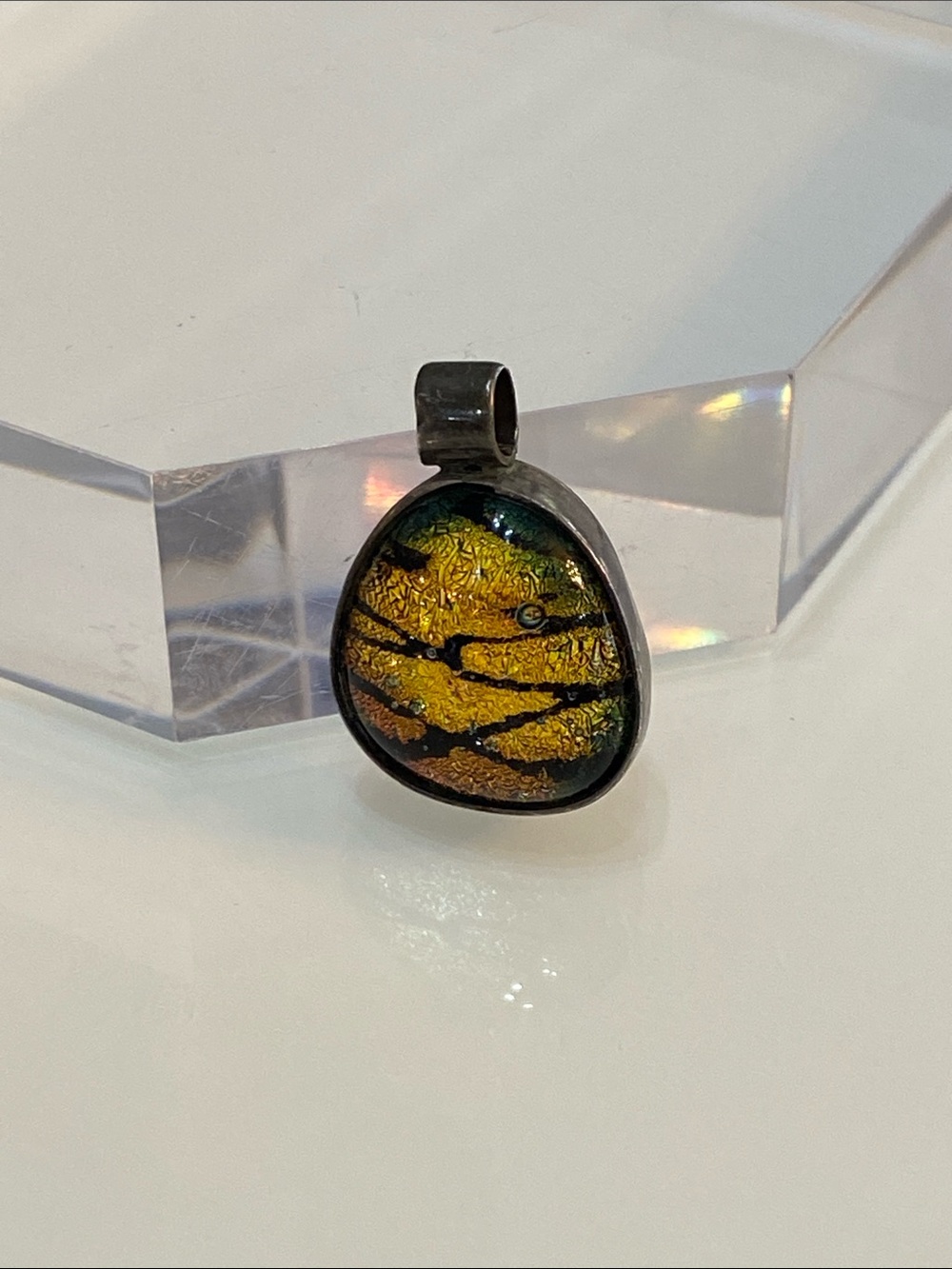Sterling silver Dichroic Glass Orange Sparkle Pendant - Women Jewelry